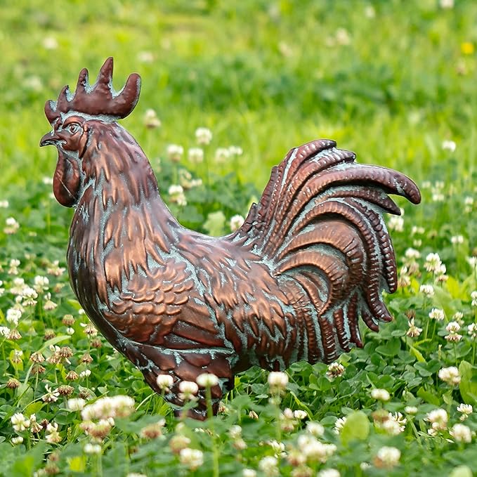 Garden Rooster Statues,15.7" L x 18.8" H Outdoor Metal Chicken Figurines,Antique Copper Chicken Sculptures & Statues Ornaments,3D Large Yard Rooster Decor for Home Kitchen Patio Farm