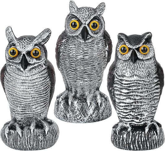 3-Pack Owl Decoys for Bird Deterrent - Weatherproof Bird Repellent Devices for Outdoor Use - Plastic Owls to Scare Birds Away and Control Garden Pests