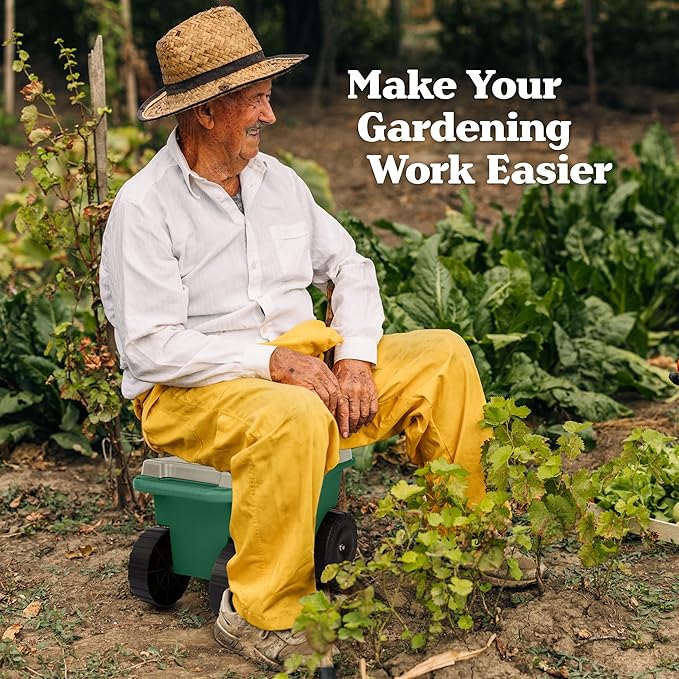 Rolling Garden Cart with Seat - Plastic Storage with Bench and Interior Tool Tray - Gardening Stool for Weeding and Planting By Pure Garden (Green)