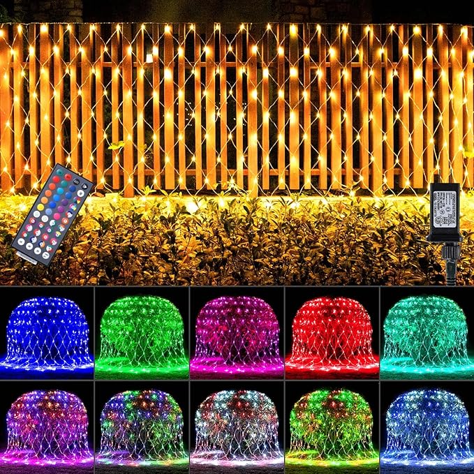 LitHome 204 LED Color Changing Christmas Net Lights, 9.8ft x 6.6ft Connectable Mesh Fairy String With Remote, Waterproof Plug-in Multicolored for Bushes, Garden, Backyard, Outdoor Decor