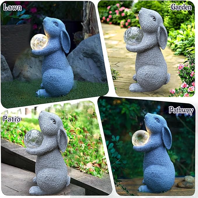 Solar Rabbit Statue Garden Decor -Rabbit Lover Gifts, with Gazing Solar LED Lights Ball Bunny Decoration for Garden Yard Patio Lawn Balcony - Gifts for Mom Grandma