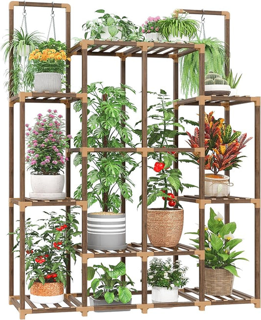 EnHomee Tiered Plant Stand Indoor Outdoor Wood Plant Shelf with 10 Potted & Double Rod Large Plants Holder Load-Bearing 440 LBS Plants Shelves Table 44.8''W*11.6''D*47''H