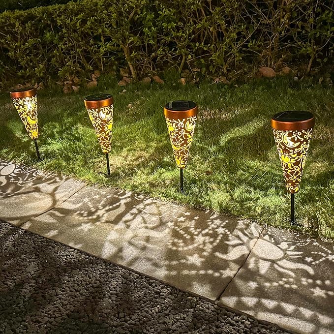 DIBIEECN 4 Pack Sun and Moon Solar Garden Pathway Lights Outdoor,Metal Garden Decorations Outdoor Lights with Patterns and Warm Light,Waterproof Landscape Lighting for Path Patio Backyard Yard
