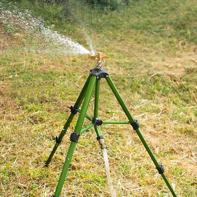 Hourleey Impact Sprinkler on Tripod Base, Heavy Duty Brass Sprinklers for Yard Lawn Garden, 0-360 Degree Large Area Coverage, 3/4 Inch Connector Extension Legs Flip Locks with Brass Sprinkler Head