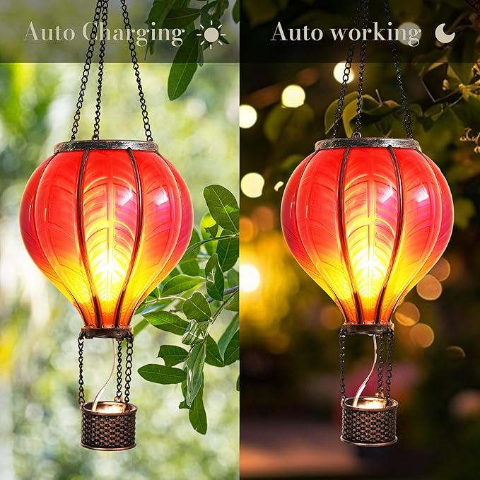 TERESA'S COLLECTIONS Hot Air Balloon Solar Lantern for Garden Decor ,Flickering Flame Hanging Solar Light for Outdoor ,Red Plastic Lamp for Yard Tree Gift for Mom