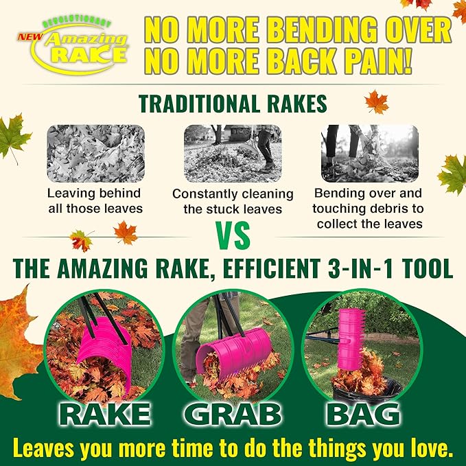Amazing Rake Back Saving Garden Rake ― Leaf Rakes for Gardening ― Leaf Picker Upper ― Heavy Duty Leaves Claw & Rakes Lawns Garden Tool ― Easy Leaf & Grass Grabber Without Bending Over ― Hot Pink