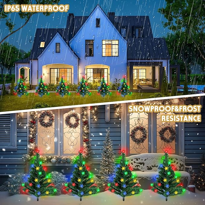 Retisee 6 Pack Solar Christmas Tree Pathway Lights Decorations Outdoor LED Snowflake Lights 8 Modes Prelit Small Christmas Tree Waterproof Solar Stake Lights for Garden, Yard, Lawn, Cemetery