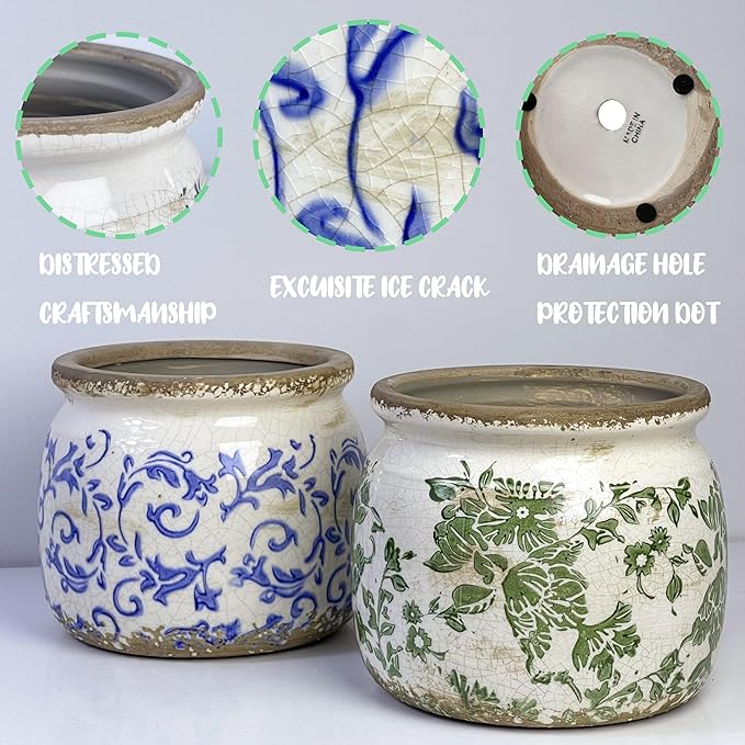 Vintage Ceramic Ice Crack Flower Pot with Drainage Holes, Country Rustic Planters for Indoor and Outdoor,Tuscan Decor,Home,Living Room, Garden Decor, Gardening Gift (Tropical)