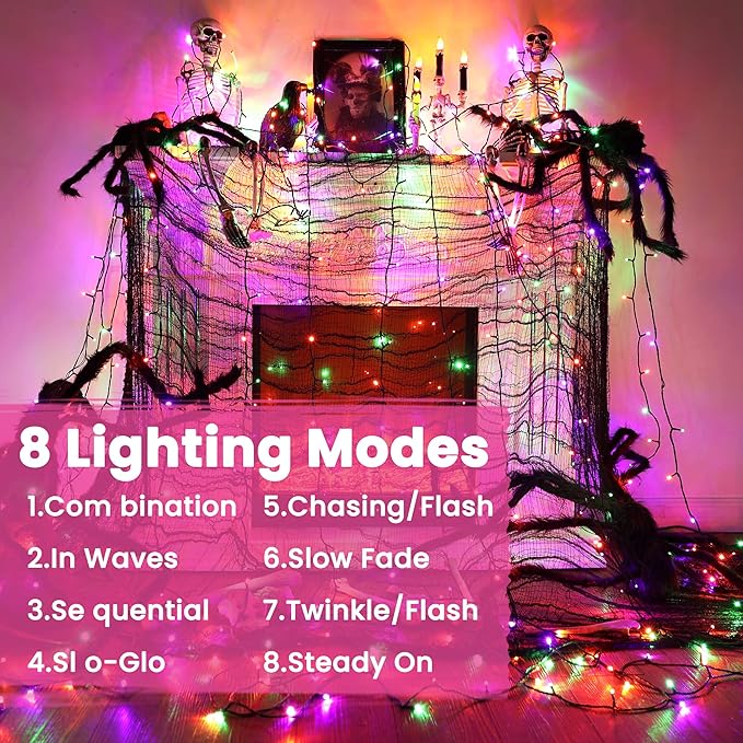 82ft 200 LED String Lights with 8 Modes, Waterproof Low Voltage Orange & Green & Purple Fairy Lights for Halloween Party, Garden, Indoor Outdoor Decorations