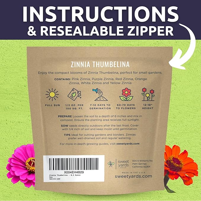 Zinnia Thumbelina Mix - Large 1/2 Ounce Packet - 2,500 Flower Seeds for Planting - Zinnia elegans