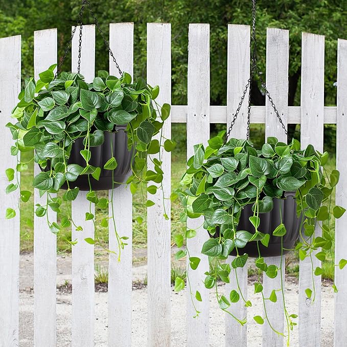 YIKUSH Planters for Outdoor Plants 2 Pack Black Plant Pots with Drainage Hole and Absorbing Tray Hanging Planters for Indoor Plants (12 inch, 3 Hooks)