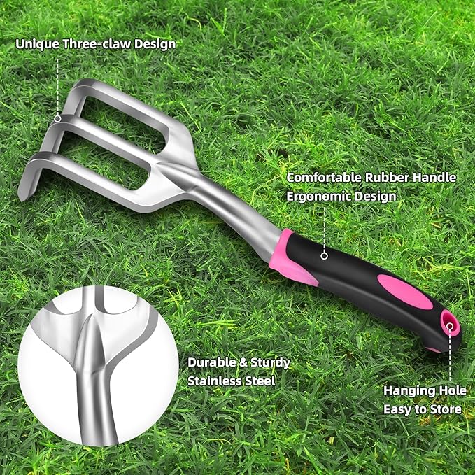 Garden Tool Set,5-Piece Aluminum Lightweight Gardening Kit with Folding Saw, Trowel, Transplanter, Hand Rake, Pink Gardening Gifts for Women,Heavy Duty Gardening Tools with Ergonomic Handle