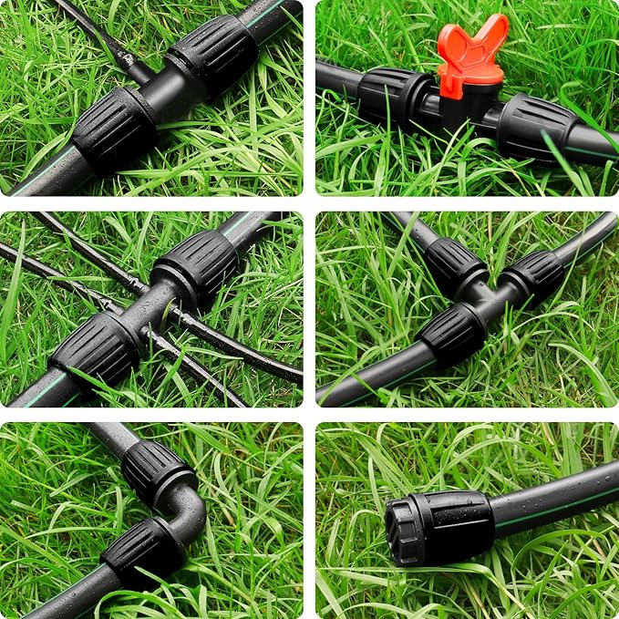 Drip Irrigation Fittings Kit for 1/2 Inch Tubing, 20 Pcs Set 1/2'' Drip Line Anti-Drop Barbed Locked Nut Connectors - 4 Tees,3 Valves,4 Reducing Tee,3 Reducing Tee 6 Way Connectors,4 End Caps,2 Elbows