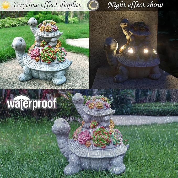 Large Turtle Solar Garden Outdoor Statues with Succulent and 6 LED Lights,Outside Solar Turtle Decor Art for Lawn,Yard, Balcony Ornament, to Give