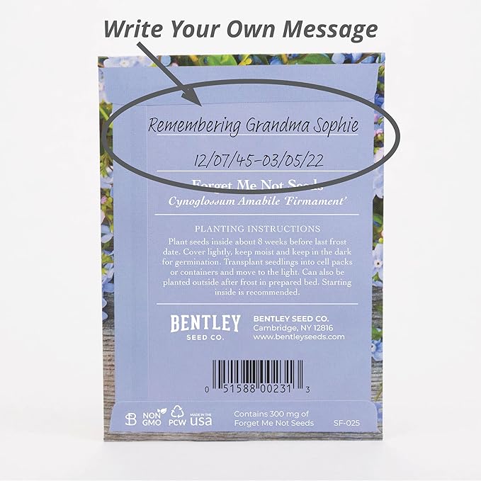 Bentley Seed Co. | Seeds of Remembrance | Pre Filled Non-GMO, Non-Coated Forget Me Not Seeds Packets | Perfect Memorial Service Giveaways and Celebration of Life Decorations | Pack of 25