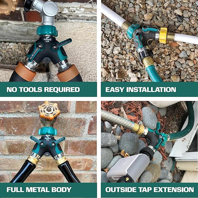 2WAYZ Dual Outlet Water Hose Splitter - Heavy-Duty Brass Y Connector, 360° Rotation, Easy Installation, Leak-Proof Design with Spigot Extender - Ideal for Garden, Washing Machines, Outdoor Faucets