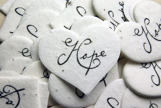 Of The Earth Handmade Paper - Wildflower Seed Paper Small Heart Tags - Calligraphy Variations - 1.75" X 1.5" - Set of 50 (Hope)