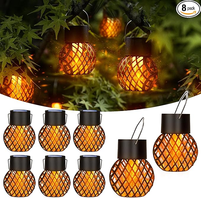 GIGALUMI 8 Pack Solar Lanterns for Outside,Solar Hanging Lights Outdoor Waterproof with Flickering Flame,Solar Powered Outdoor Lights Garden Decor for Yard,Patio,Tree,Camping,Festival Decoration