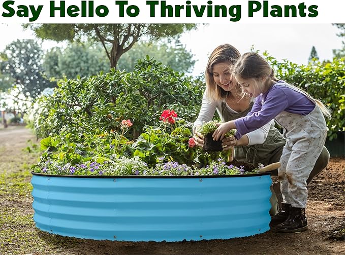 Round Galvanized Raised Garden Bed // 4×4×1 ft (2-Pack) Galvanized Raised Garden Beds Outdoor for Gardening, Vegetables, Flowers // Patented Tool-Free Design Round Planter (Teal)