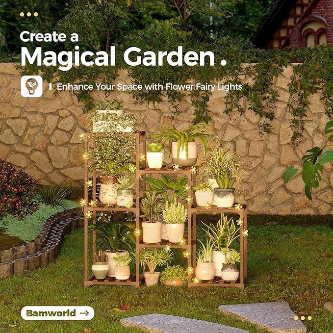 Bamworld Plant Stand Indoor with Flower Fairy Lights Battery Plant Shelf Wood Plant Rack for Multiple Plants 3 Tiers Ladder Plant Holder for 7 Pots for Living Room Home Decor for Gardening Gifts