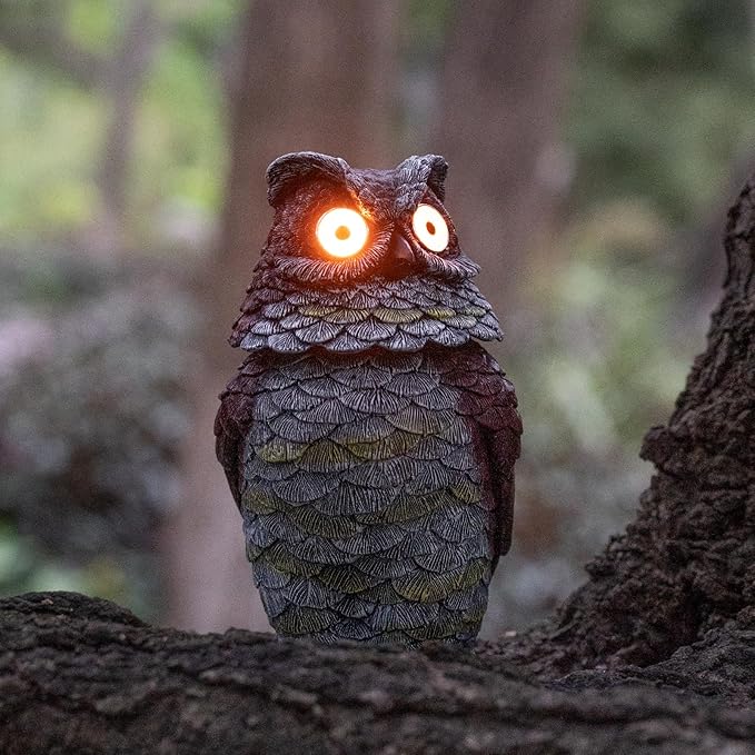Garden Owl Statue - Resin Owl Figurines with Solar Powered Light Eyes and Spring Head Outdoor Owl Decorations for Patio Yard Porch Lawn, Ornament Gift