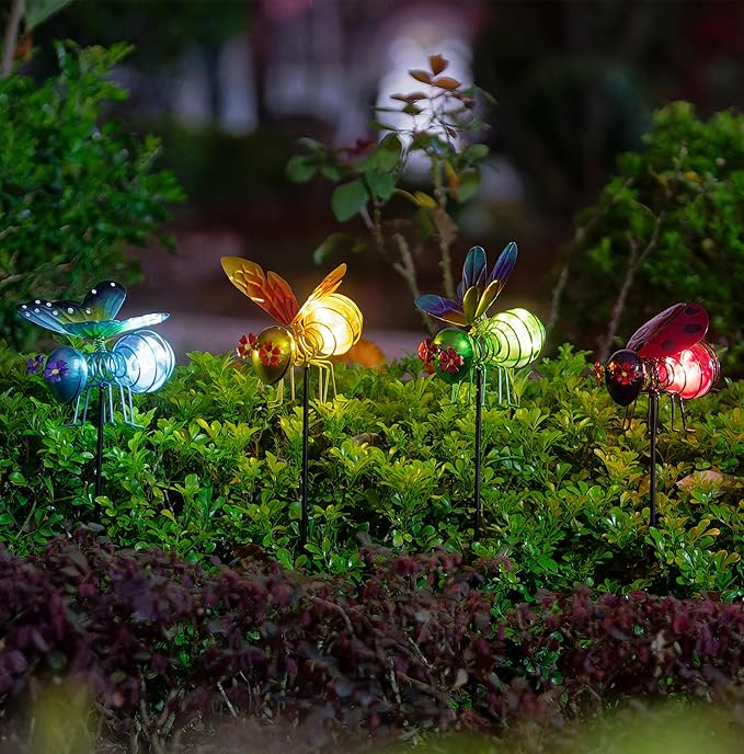 Insects Solar Garden Lights, 22.4" H Butterfly & Bee & Dragonfly & Ladybug Solar Stake Light, 4 Pcs Outdoor Statues Figurine Lights for Spring Garden Lawn Patio Yard Decoration