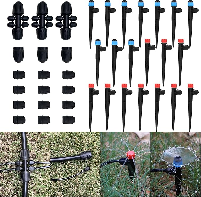 Drip Irrigation Emitters, Sprayers for 1/4" Tubing, 1/2" to 1/4" Fittings, Barbed Connectors for 1/2" Tubing (0.67" OD), End Plugs for Garden Watering System 38 Pcs (Tubing Not Included)