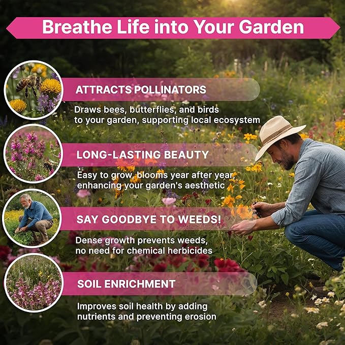 Organo Republic 19 Annual & Perennial Wildflower Seeds Mix for Indoor and Outdoors, Attract Bees & Butterflies. 100,000+ Non-GMO, Heirloom Wildflower Garden Seeds, 4oz Packet for Growing Wild Flowers
