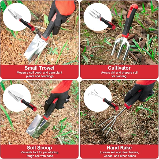 Gardening Tools, MOXILS 9 Pieces Stainless Steel Heavy Duty Tool Set with Non-Slip Rubber Grip, Storage Tote Bag, Outdoor Hand Tools, Ideal Garden Kit Gifts for Parents and Kids.