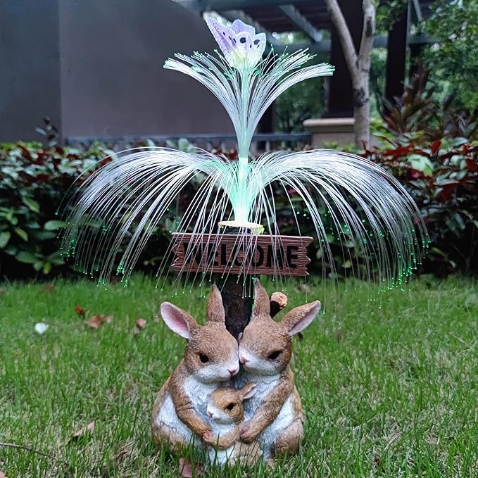 Solar Rabbit Garden Statues,Resin Rabbit Family Figurine with Welcome Card and 7-Color Changing Optical Fiber with Solar Lights, Lawn Decor Outdoor Statue for Patio,Balcony,Yard,Lawn