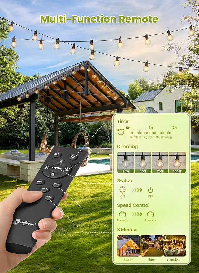 Brightown 208FT Solar String Lights Outdoor Waterproof with Remote, Solar Patio Lights with 100 Shatterproof LED Bulbs, 3 Light Mode, Dimmable & Timer, Hanging String Lights for Porch Garden Bistro