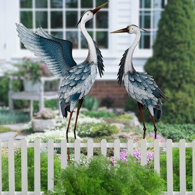 TERESA'S COLLECTIONS Garden Decor Blue Heron Yard Art,22.8-25" Large Metal Cranes Sculptures & Statues Decoy for Outdoor Indoor Decorations, Outside Patio, Pool, Lawn, Set of 2, Spring,Gift for Mom