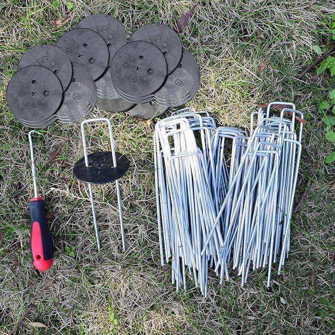 100 Pack Landscape Staples with Gasket, 6 Inch Artificial Turf Stakes Heavy Duty 11Gauge Sod Pins Galvanized Yard Stakes for Decorations, Weed Barrier Fabric, Irrigation Tubing