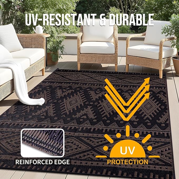 OLANLY Outdoor Rug Waterproof 8x10 ft, Reversible Outdoor Plastic Straw Rug, Boho Patio Rug, Indoor Outdoor Carpet, RV Mat Outside for Patio, Camp, Picnic, Balcony, Deck, Backyard, Black & Brown