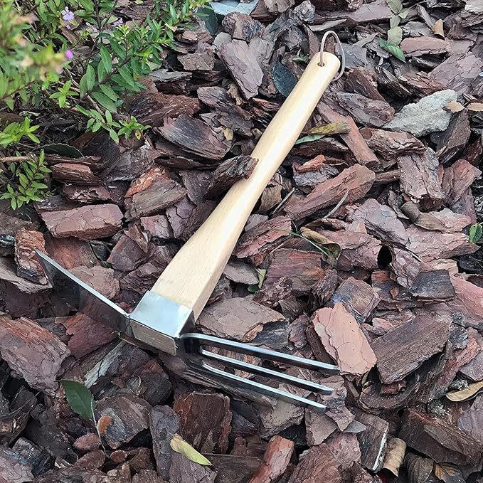 Fdit Stainless Steel Garden Hoe Rake Hand Tool, Simple Practical Fine Workmanship Beech Handle Small Hoe Gardening Tool for Weeding, Digging, Seeding