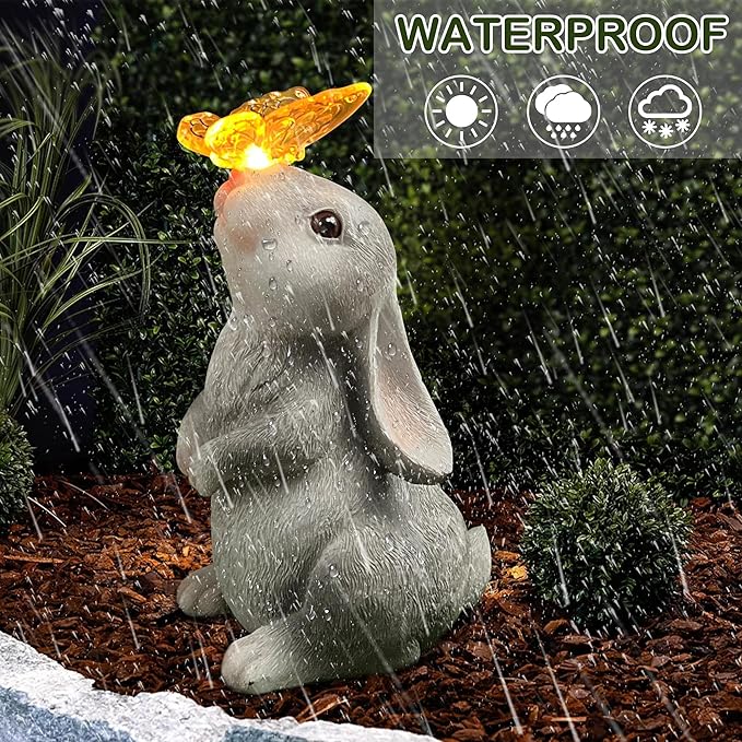 Attivolife Garden Solar Outdoor Statues Rabbit Light, Bunny with Butterfly & 7 Color Change Lamp, Patio Easter Ornament for Lawn Balcony Porch Yard Art Decor, for Mom Grandma