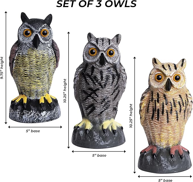 Galashield Plastic Owl Decoys [Set of 3] - Multicolor Owl Statues for Garden & Outdoors, Scare Birds Away, Realistic Design with Reflective Eyes, Weather Resistant
