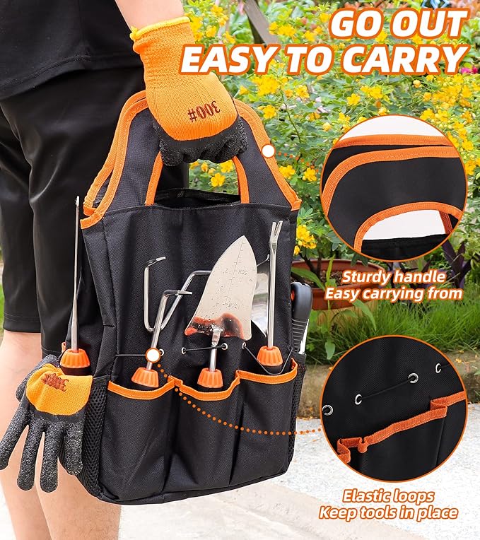 Garden Tool Sets with Organizer, 9 Piece Stainless Steel Heavy Duty Gardening Tool Kit Including Hand Saw, Hand Trowel, Hand Rake, Transplanter, Weeder, Crack Weeder, Pruner, Gloves, Storage Bag