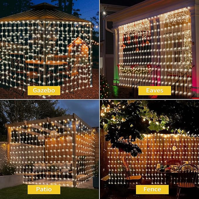 32.8 * 6.56FT Large Size Solar Curtain Lights Outdoor, 8 Modes Icicle Lights, Solar Garden Christmas Decortions for Patio, Gazebo, Eaves, Fence, Tree, Porch (White)