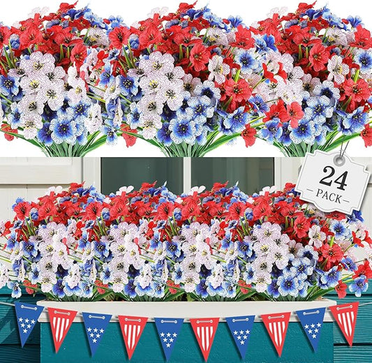 24 Bundles Artificial Flowers for Outdoor,No Fade Fake Plastic Flowers for Garden Porch Window Box Home,Red White Blue Faux Plants for 4th of July Memorial Day Independence Day Patriotic Decor