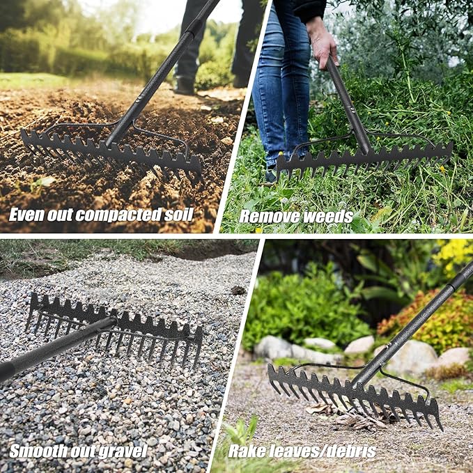 Garden Rake, 6FT Bow Rake Heavy Duty Leveling Rake with Adjustable Handle, 17 Tines Wide Head Metal Thatch Rake for Gardening Leaves Lawn Yard Mulch Rake