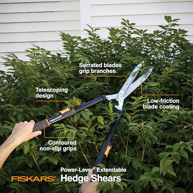 Fiskars Power-Lever Hedge Shears - 25"-33" Extendable Handle - Plant Cutting Scissors - Yard and Garden Tools - Orange/Black