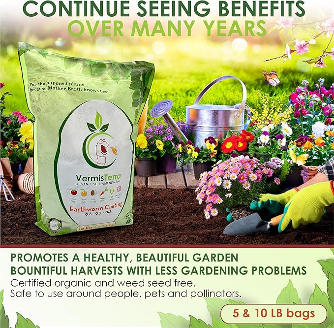 Earthworm Castings - (5 LB) 2.7 qts - 100% Organic Earthworm Castings - All Natural Plant Fertilizer - Soil Enhancer - Potting Mix for Plants, Vegetables, Flowers, Indoor + Outdoor