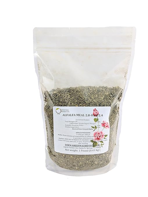 Greenway Biotech Alfalfa Meal 2.50-0-2.50 | Repackaged Organic Rose, Flower, Plant & Vegetables Fertilizer with Essentials Minerals, Potassium & Nitrogen- Ideal for Alkaline Plants | 1 Pound