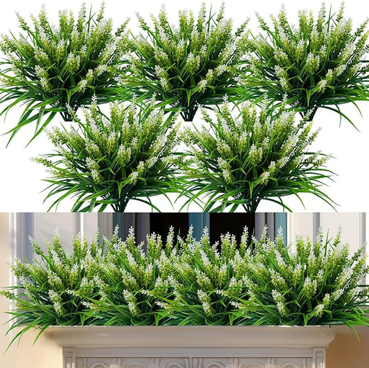 Artificial Flowers for Outdoor Plants 24 Bundles Fake Lavender Plastic Faux Monkey Grass for Verandah Window Garden Office Patio Front Porch UV Resistant for Planter(White)
