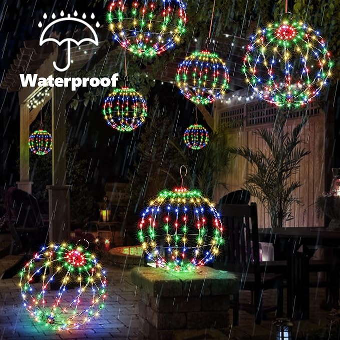 Joomer 2 Pack Christmas Ball Lights, 12IN 120 LED Foldable Metal Sphere, Connectable Waterproof 8 Modes With Timer, Hanging Tree Globe for Holiday Christmas Decorations (Multicolor)