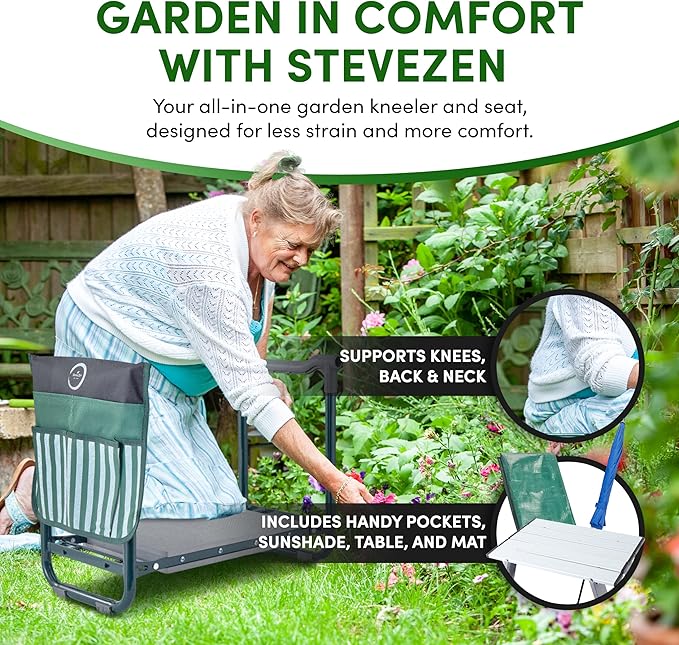 Garden Kneeler Seat Bench-Foldable-Saves Your Back and Knees! Extras Included-SunShade Umbrella (Patented), Wide EVA Foam Pad (10.2"), Folding Table, Potting Mat. Great gift for Everyone, Seniors.