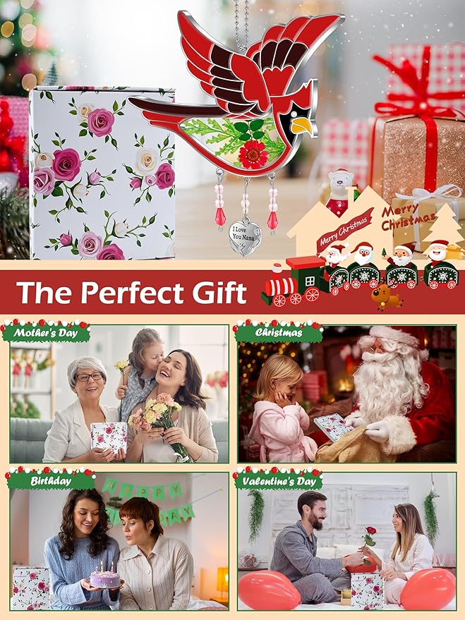 KY&BOSAM Cardinal Suncatcher Nana Gifts I Love You Nana Stained Glass Suncatchers Hanging Ornament for Window Wind Chime Birthday Gifts for Women Nana Grandma Mother`s Day Christmas Tree Gifts