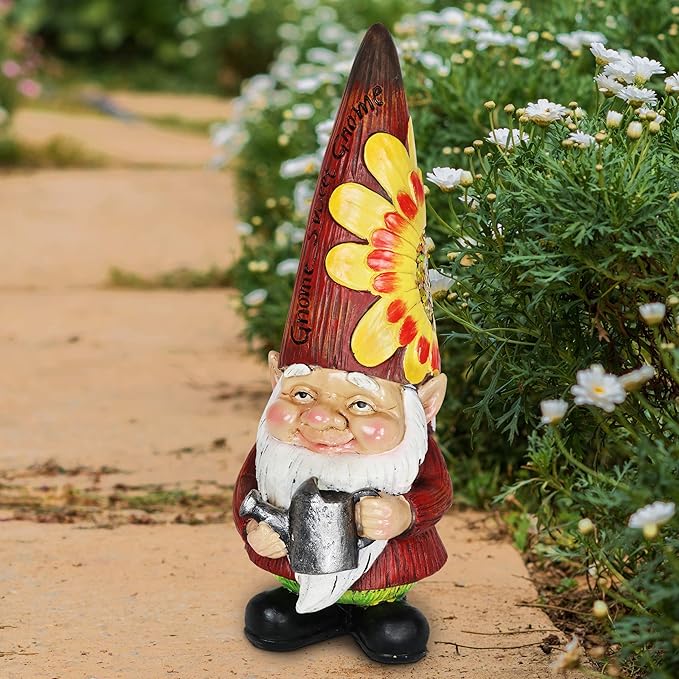 Exhart Garden Gnome, Red Hat Garden Statue Sculpture with Watering Can, Outdoor Lawn and Yard Decoration, 5 x 5 x 12.5 Inch