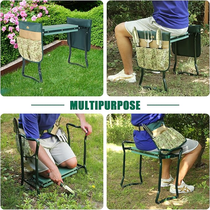 G GOOD GAIN Garden Kneeler Stool Seat,Foldable Garden Bench with Tools Bag Pouch,Thicken & Widen Soft EVA Foam Pad Outdoor Portable Kneeler Stool with Garden Apron Bags.Honey